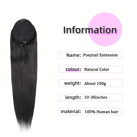 100% Human Hair Straight Drawstring Ponytail Extension Long Straight Natural Black Clip-In  Wrap Around Ponytail Hair Extensions