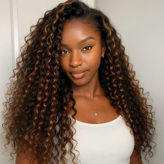 Invisi Hairline 3 In 1 Half Wig 1B/30 Highlight Deep Wave Human Hair Wigs Peruvian Glueless Color Ombre Adjustable 3/4 Half Wigs