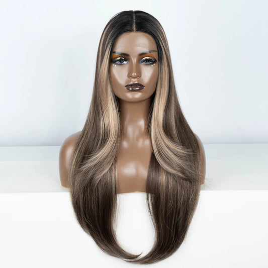 Synthetic lace Front Wig Synthetic Hair Layered Hightlight Wig 28"Glueless  Wig Cosplay Wig For Women Synthetic Lace Front Wig