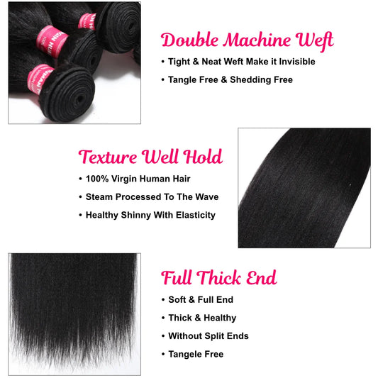 UNice Hair Yaki Straight Human Hair Bundles 100g Per Bundle 100% Human Hair Sew In Weaves 8-26 Inch Natutral Color 1/3/4 Bundles
