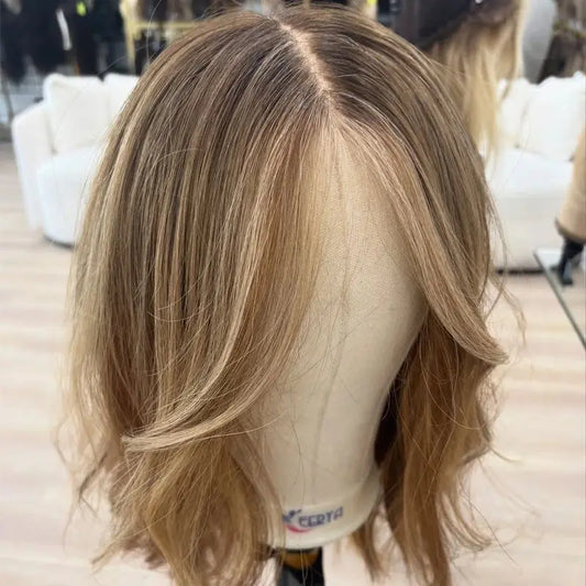 New In Premium Fiber Synthetic Wig Ombre Ash Brown Highlights Synthetic Wigs Women Glueless Wig Short Wave Bob Lace Front Wig
