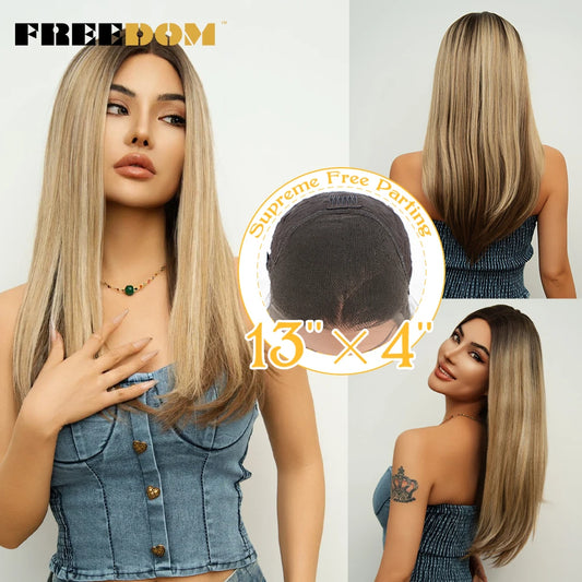 FREEDOM Synthetic Lace Front Wigs For Women 13X4 Straight Lace Frontal Wig 22 inch Ombre Brown Blonde Cosplay Wigs