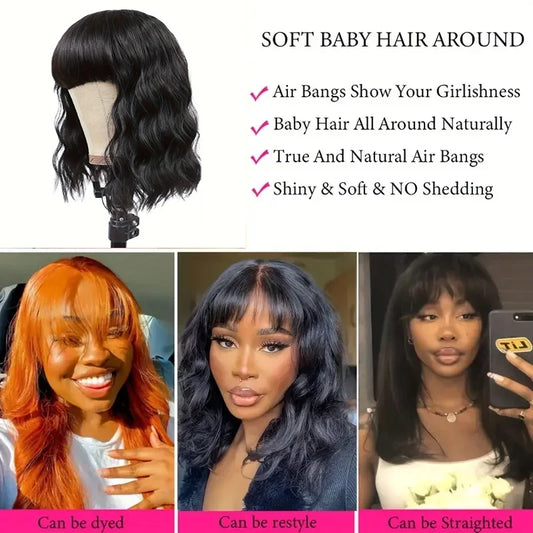 Brazilian Body Wave Short Bob Wigs with Bangs Full Machine Made Wig for Women 8-16 Inches 200% 250% Bob Wigs Human Hair Wig