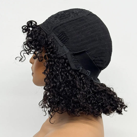 280% Density Full Bang Bob Pixie Curly Human Hair Wig With Bangs 100% Human Hair Wig Full Machine Made Bang Wig for Black Women