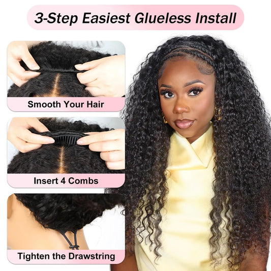 Bohemia Curly Half Wig Human Hair Wear Go Glueless Wigs Deep Wave 3/4 Half Wig 3 In 1 Half Wigs Invisi Drawstring Seamless Flip