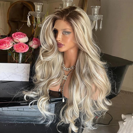 Luxury Wavy Synthetic Lace Front Wigs For Women 30" Platinum Ash Blonde Lace Wig Highlights Human Hair Blend Wigs Heat Resistant