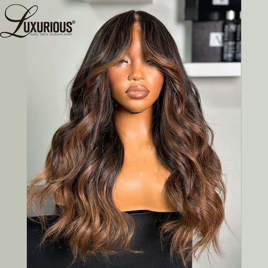 Glueless Wear And Go Lace Frontal Human Hair Wig Preplucked Blow-Out Looks Wave 13x4 Lace Wig Ombre Brown Highlight Colored Wig