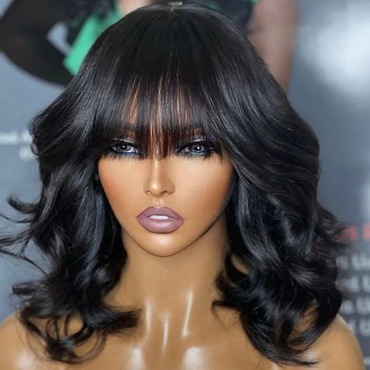 Black Body Wave Bob Wig with Bangs Ready-to-Go Glueless Bang Wavy Fringe Bangs Wig Full Machine Made Brazilian Human Hair Wigs