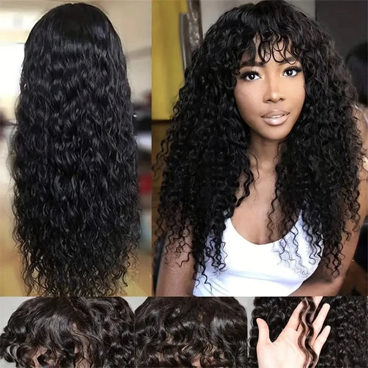 12A Cheap Water Wave Brazilian Human Hair Wig With Bangs Machine Made Wigs for Black Women Deep Wave Curly Wigs On Promotion