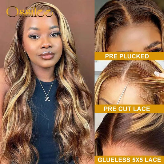 Ossilee Highlight Wig Human Hair Body Wave Glueless Wig 5x5 HD Lace Closure Wig Piano Color 4/27 Ombre Blonde Brown Closure Wig
