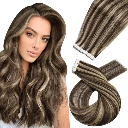 Moresoo Tape in Human Hair Extensions Brazilian Hair Natural Extensions 12-24in 30G & 50G Real Hair Extensions Remy Hair Tape in