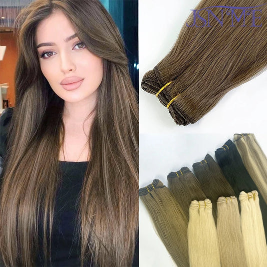 JSNME Weft Extensions 100% Real Human Hair Weft Bundles Sew In Weft Extensions Straight Brown Blonde 14"-24" Can Curly For Woman