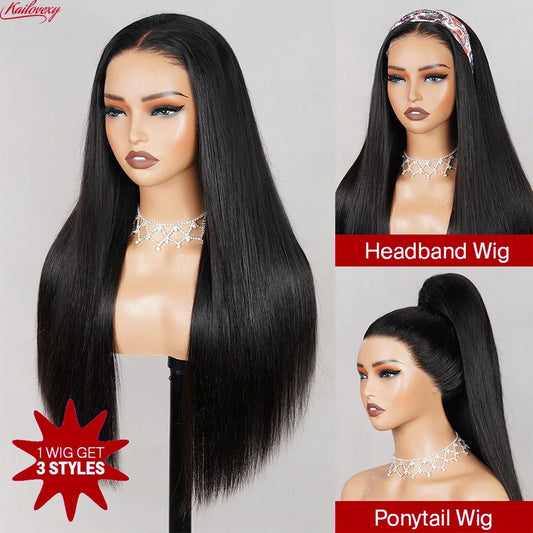 Straight Wear And Go 3 IN 1 Half Wigs Human Hair Machine Made With Drawstring 220% Density Glueless Wigs Beginner Friendly