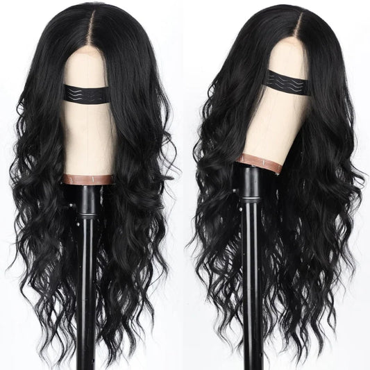 Wigundle HAIR Black Wig for Women, Long Wavy Lace Hairline Middle Part Synthetic Heat Resistant Wig for Daily Party-26 Inch