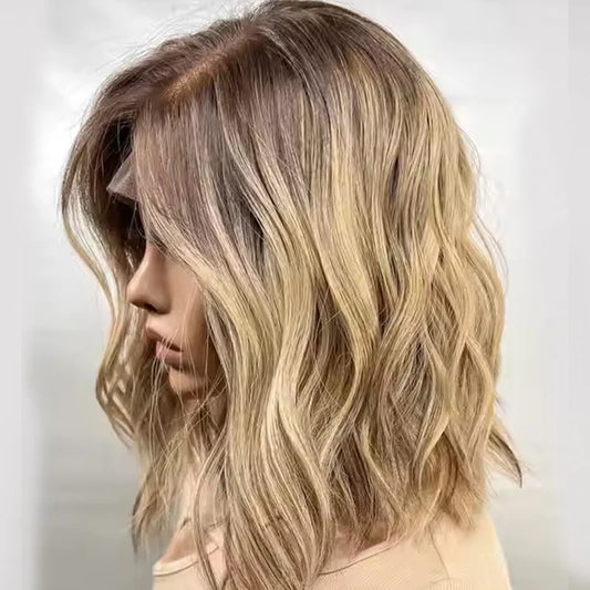 Authentic European Blonde Synthetic Wig Brown Root short wig Jewish Hair 13x4 Lace Front Wig For Women Daily Party Use