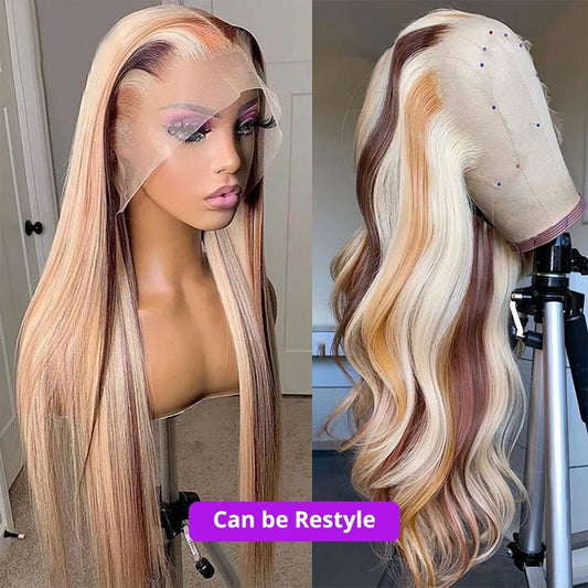 Ombre Brown Blonde 613 Human Hair Wigs 100% 13X4 Transparent Lace Frontal Body Wave Wig Ombre Highlight Lace Front Wig For Women