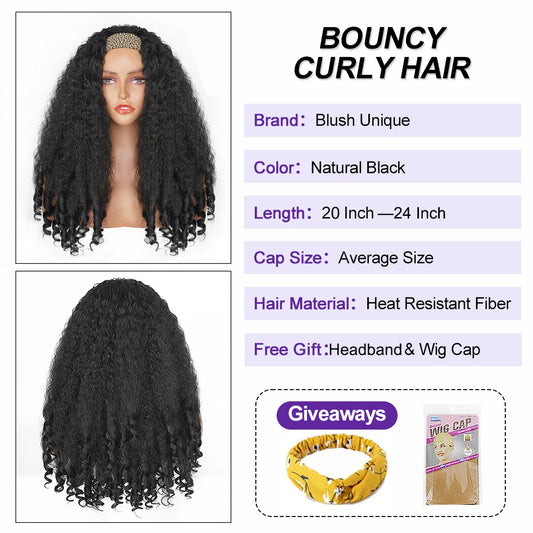 Afro Curly Headband Wigs for Black Women Natural Black Synthetic Braided Hair Texture Kinky Straight Wig with Bouncy Curly End