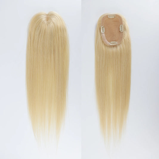 Hair Topper Silk Base wit PU around Light Blonde #613 3x5'' Full Hand tied with Clips in with Baby Hair for Woman Hairpiece