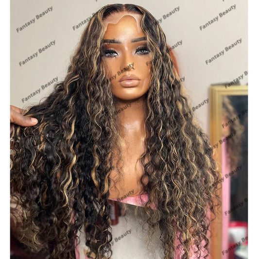 Highlight Natural Water Wave Curly Human Hair 5x5 HD Lace Wigs for Black Women Pre Plucked 13x4 Lace Front Wigs Remy Daily Wear