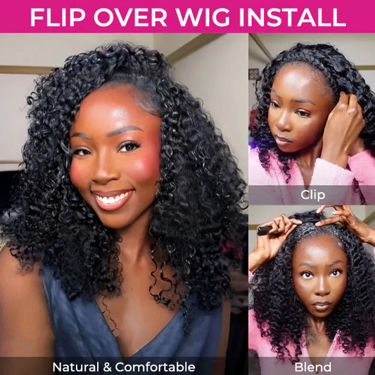 250 Density Half Wig Human Hair Deep Wave Glueless Wig Human Hair Ready to Wear 3 IN 1 Half Wig With Drawstring Curly Half Wig
