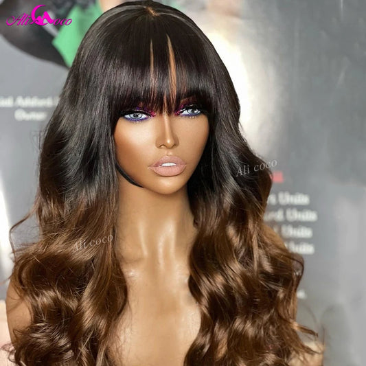 1B Brown Body Wave Wigs With Bangs 13x4 Transparent Lace Frontal Wig #30 Colored Lace Closure Human Hair Wigs For Black Women