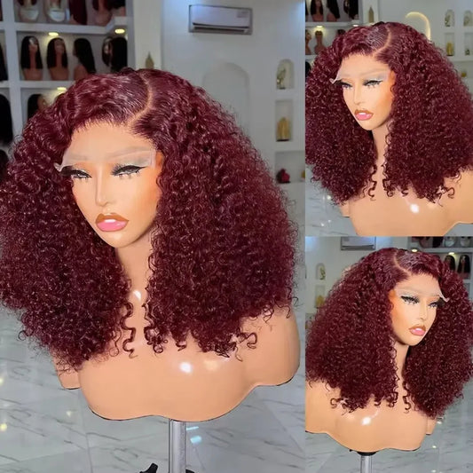 99J Red Burgundy Color Short Bob Jerry Curly13X4 Lace Frontal Synthetic Wig For Women Hairline Baby Hair Preplucked Bleach Knots