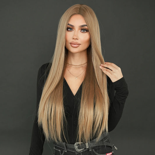 7JHH WIGS Blonde Wig Synthetic Long Straight Blonde Wig for Women Daily Use High Density Layered Middle Part Hair Wigs 32Inches