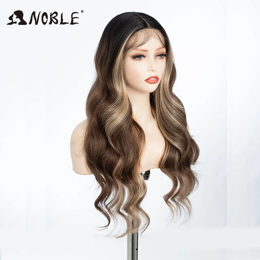 Noble Synthetic Lace Front Wig  28“ Highlight Honey Brown Body Wave Wig Cosplay Wigs For Women Lace Wig Lace Front Wig Synthetic