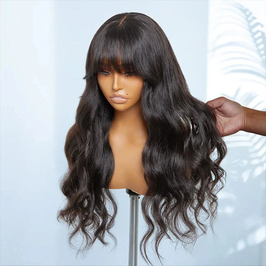 180D 22inch Body Wave Human Hair Wigs With Bangs Middle Part Lace Wig For Women Remy Body Wave Wig With Bangs Natural Color