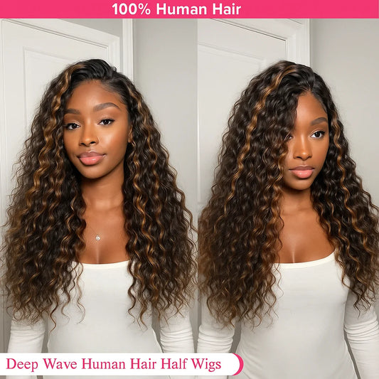 Wear Go 1B/30 Highlight Deep Wave Half Wig Human Hair Seamless Flip Over Wig Draw-strings Invisi Ombre 3/4 Half Wigs Glueless