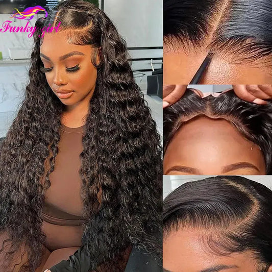 200% Density Water Wave Lace Front Wig Brazilian Human Hair Wigs For Women Deep Curly Wave Transparent Lace Frontal Closure Wig