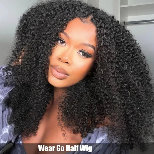 Human Hair Half Wig 3 In 1 Half Wig With Drawstring Seamless Clip Curly Human Hair Wig Curly Human Hair Half Wig For Women