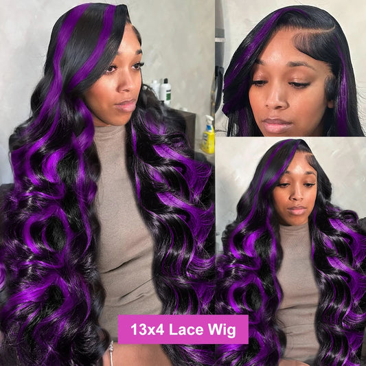 Dark Purple Highlight Body Wave 13x6 13x4 HD Transparent Lace Front Human Hair Wigs Ombre Purple Wavy Human Hair Wigs For Women