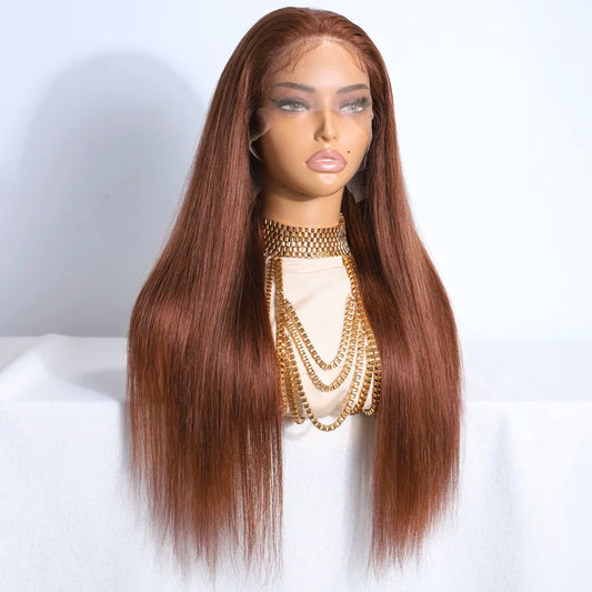 Lekker Chocolate Brown Long Bone Straight Lace Closure 100% Human Hair Wigs For Women Brazilian Remy Hair Glueless Colored Wigs