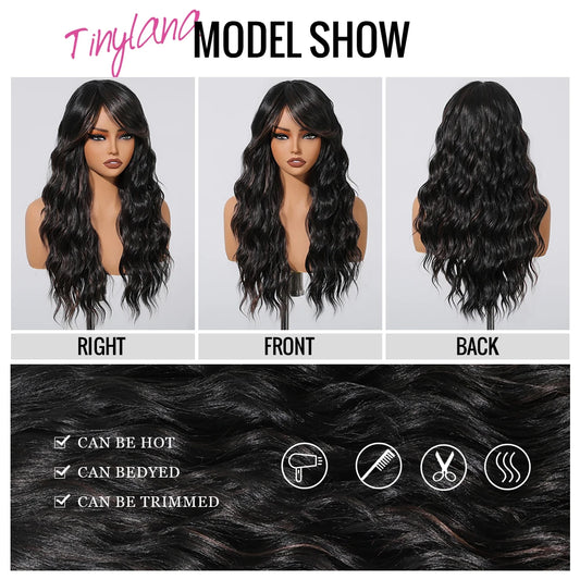 Long Dark Brown Curly Wave Synthetic Wigs with Bangs for Women Afro Lolita Cosplay Daily Natural Fake Hair Wigs Heat Resistant