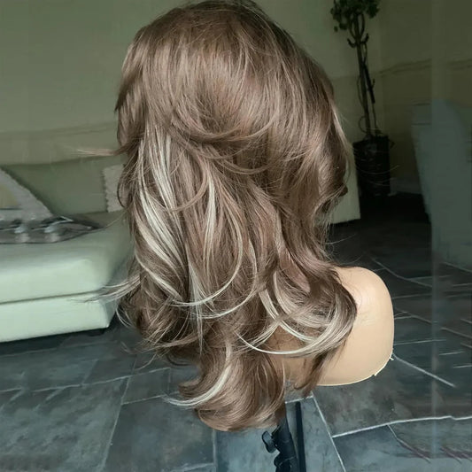 Brown Wig with Bangs Some Blonde Highlights 24 inch Natural Look Fringe Synthetic Wig Premium Heat Friendly Hair Girls Gift Wig