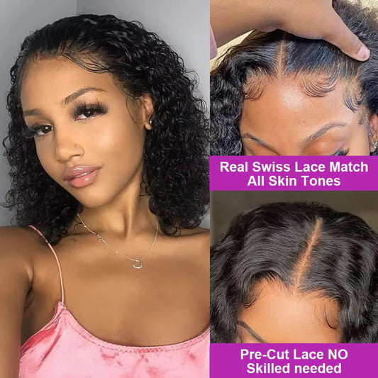 Pre Cut No Glue Deep Wave Lace Frontal Bob Wigs Curly 13x4 Glueless Wig Human Hair Wear Go Lace Front Wigs For Women Pre Plucked