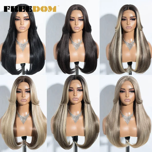 FREEDOM Synthetic Lace Front Wigs For Women Ombre Brown Blonde 24 Inches Long Straight Lace Wig With Bangs Highlight Cosplay Wig